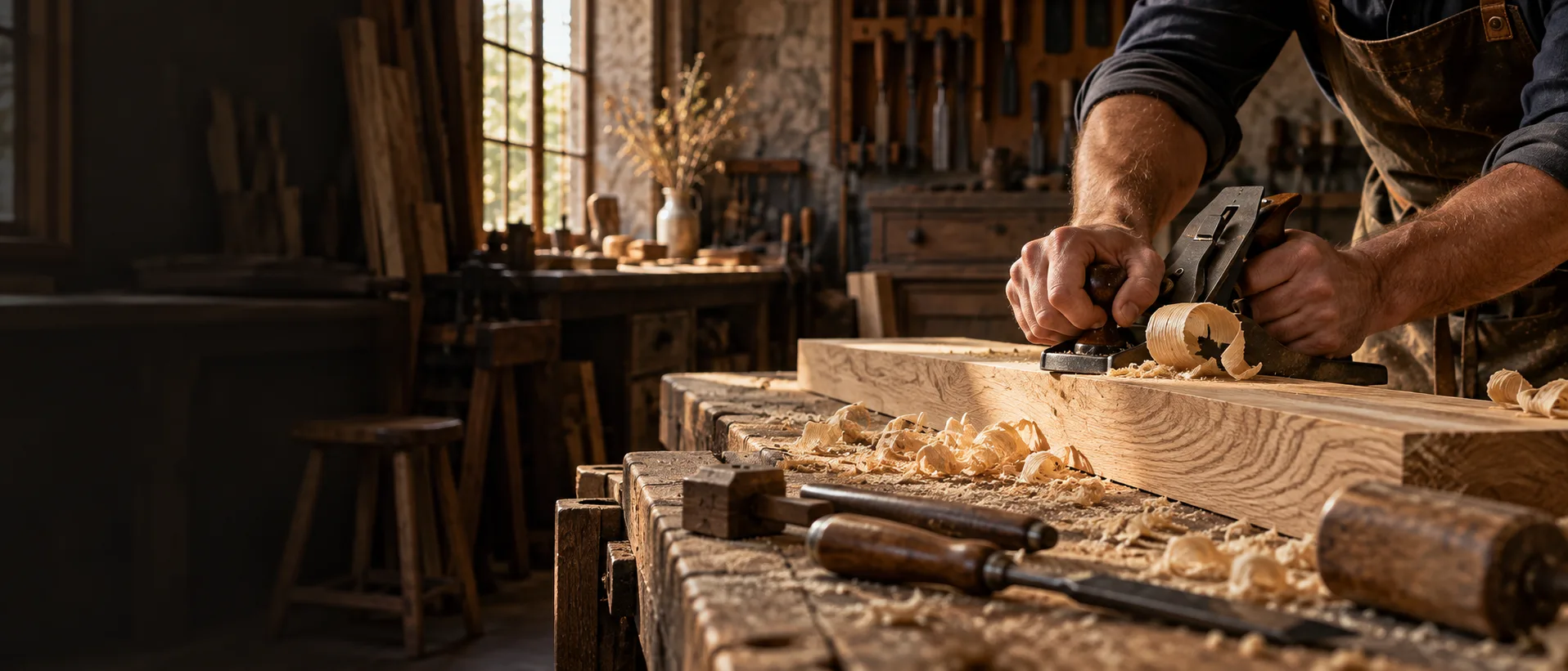 Mains travaillant une planche de chêne dans un atelier de menuiserie