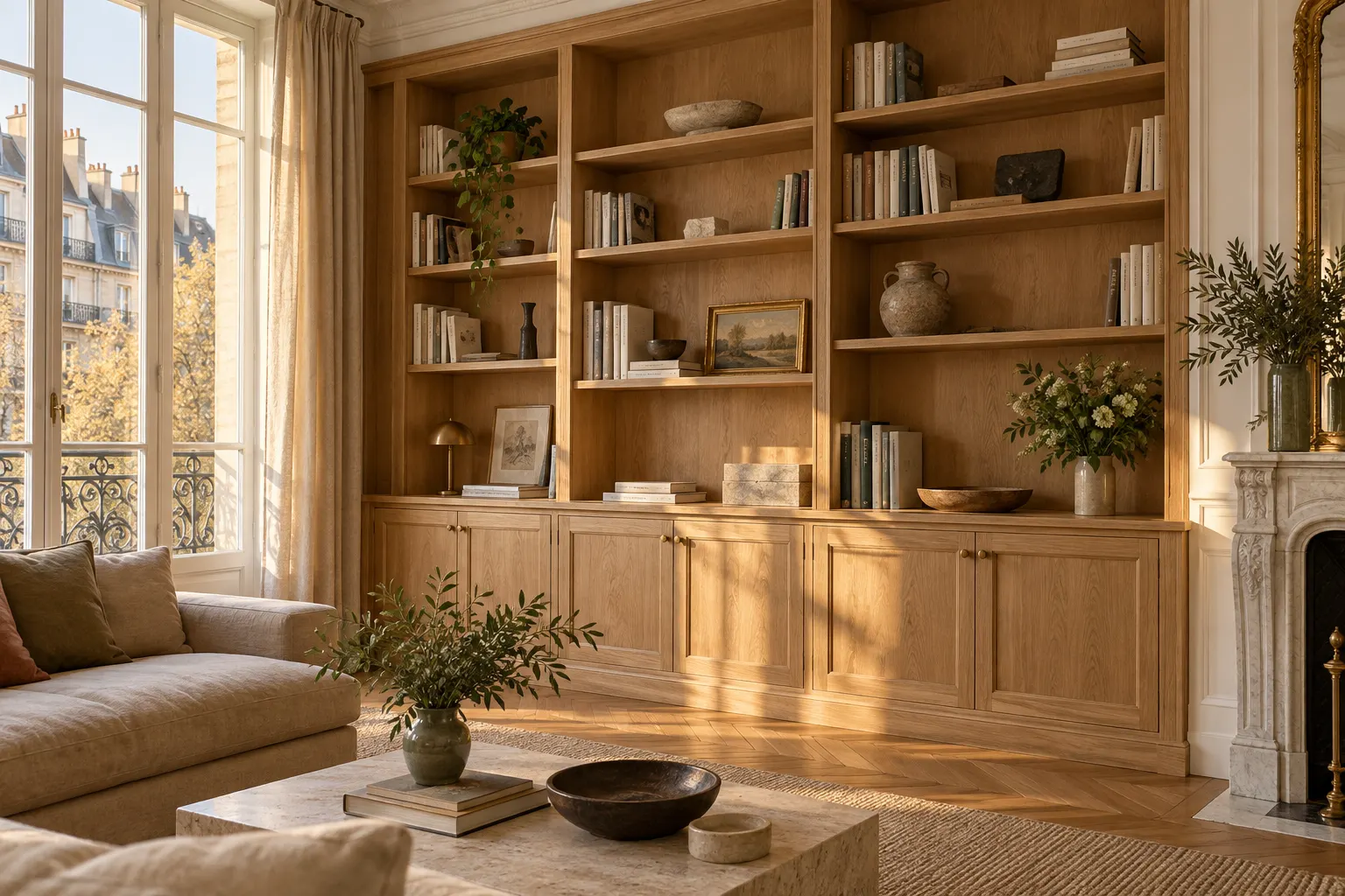 Bibliothèque intégrée en chêne dans un salon lumineux